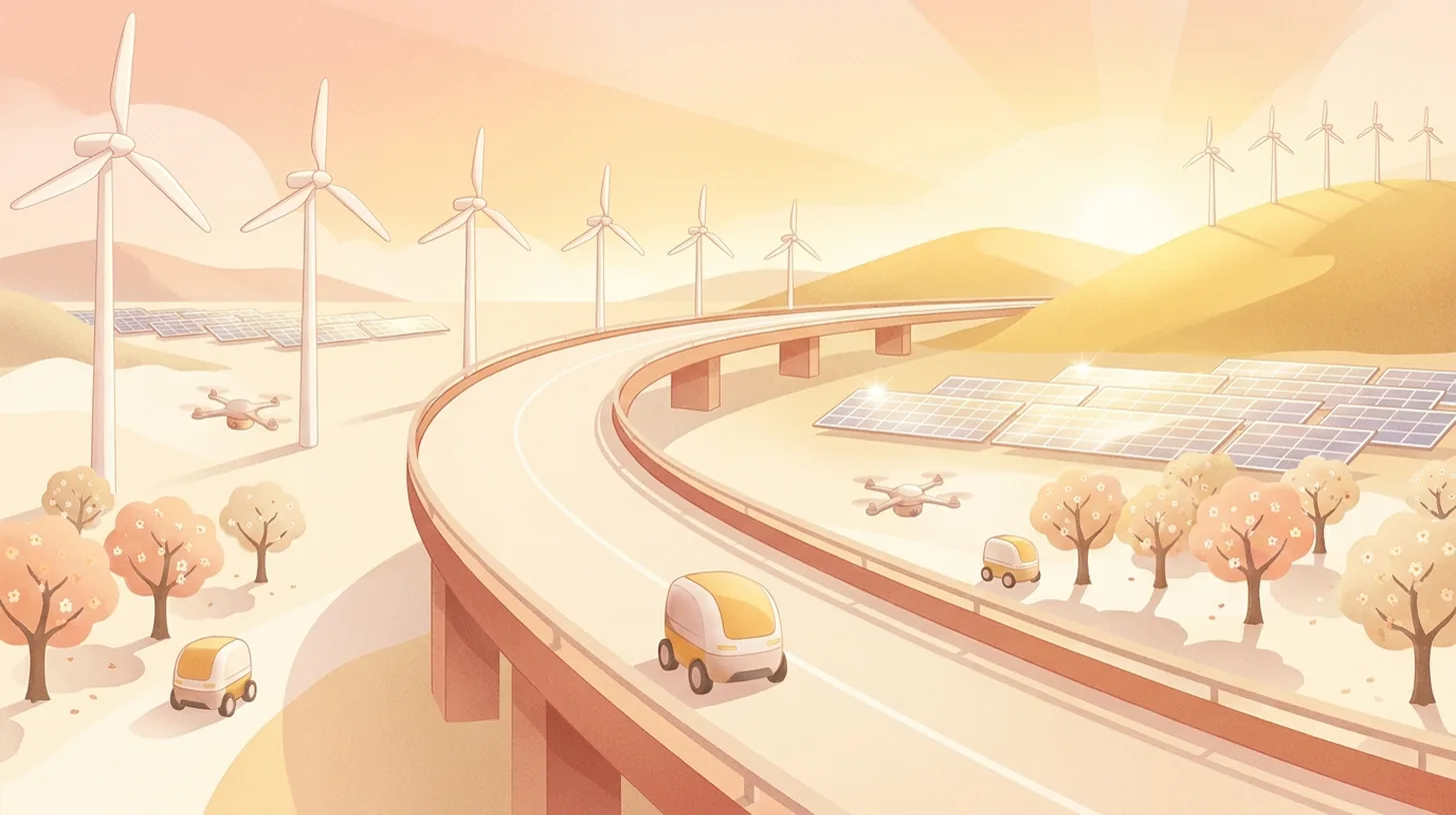 A warm sunrise road curving up toward bright hills, with wind turbines and solar panels along the way