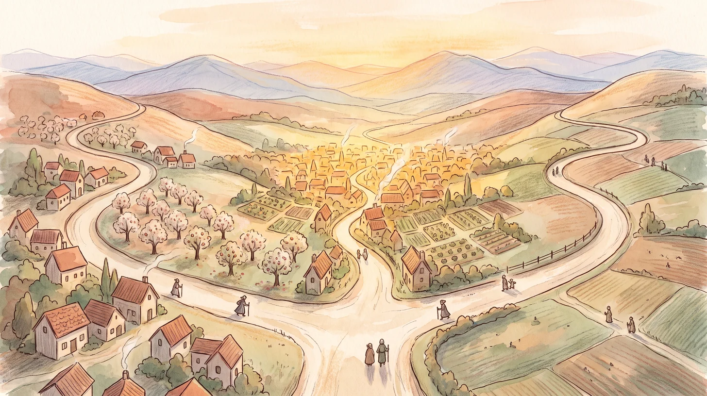 Two long roads curving toward each other and joining at a sunlit valley town
