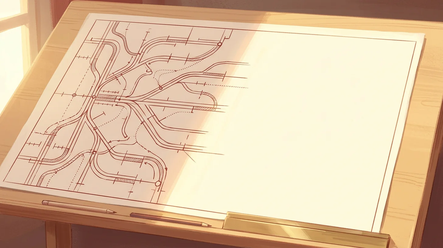 A detailed hand-drawn map with every route carefully labeled, except for one open region left unmarked