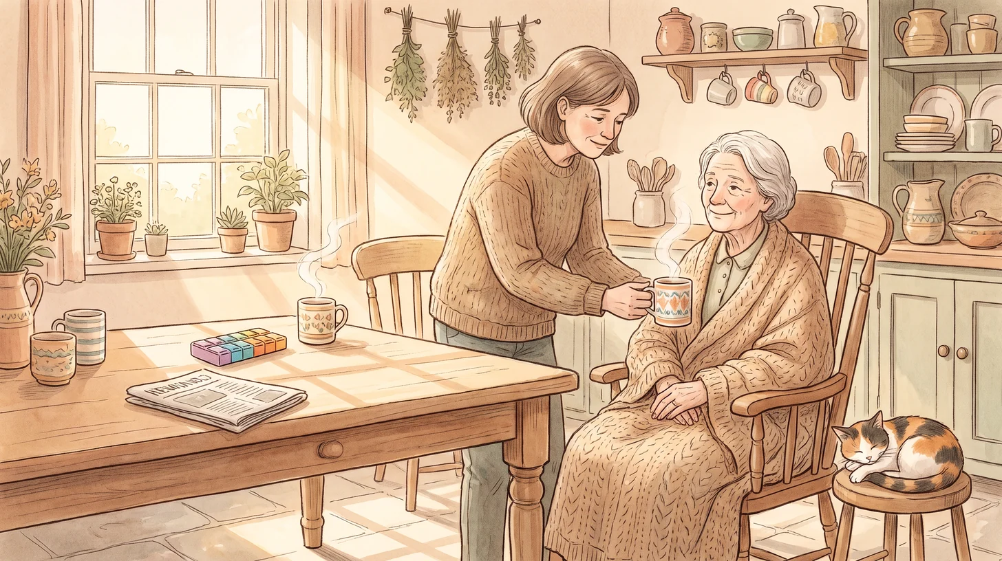 A warm kitchen at dawn where a woman helps an older woman with her morning tea, sunlight across the table
