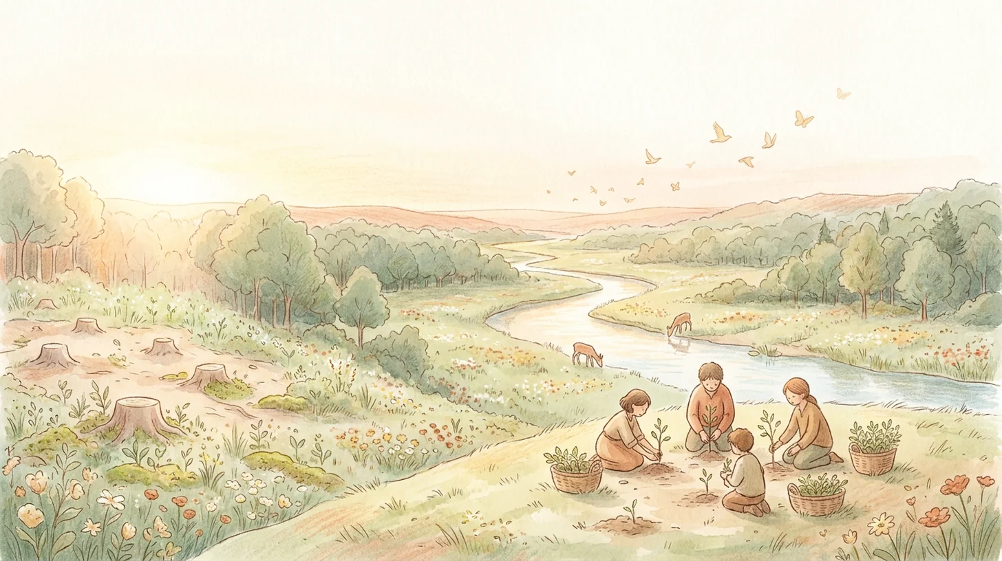 A river valley at sunrise, mostly regrown and full of wildlife, with people planting saplings in a small bare patch