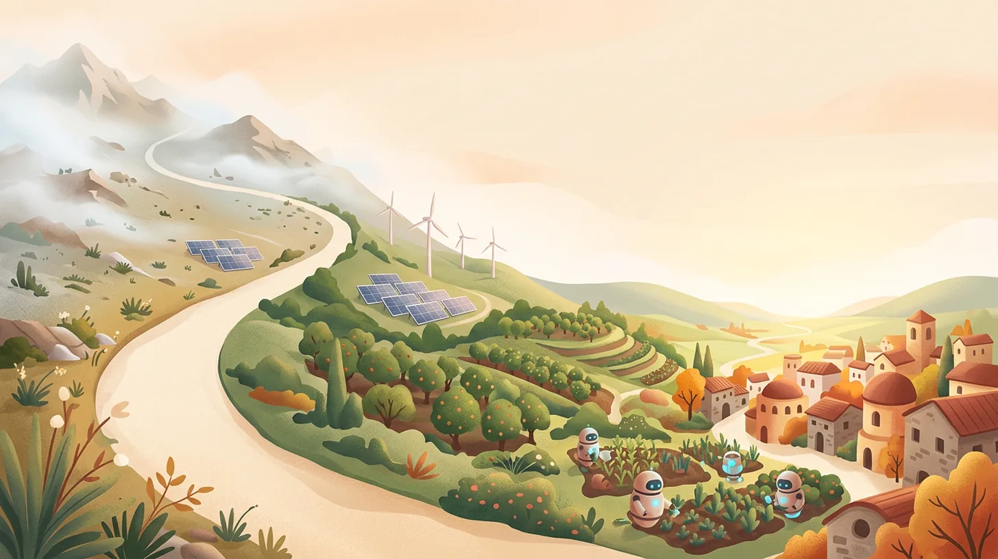 A path sweeping down from misty peaks into a sunlit valley that grows richer with solar, wind, orchards, and a glowing town