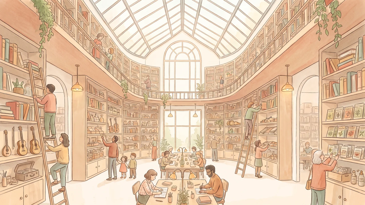 Uma grande biblioteca e oficina sob luz acolhedora, onde estranhos acrescentam livros e ferramentas às estantes compartilhadas