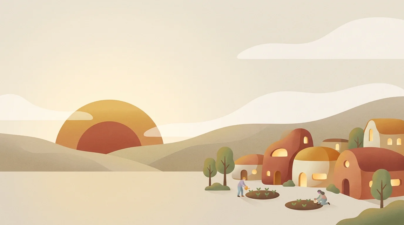 A calm sunrise over a small, thriving village at the edge of gentle hills