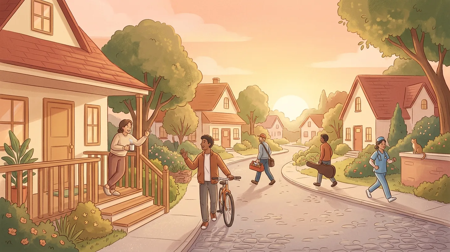 A sunlit neighborhood street on an unhurried Monday morning, neighbors heading off to different pursuits
