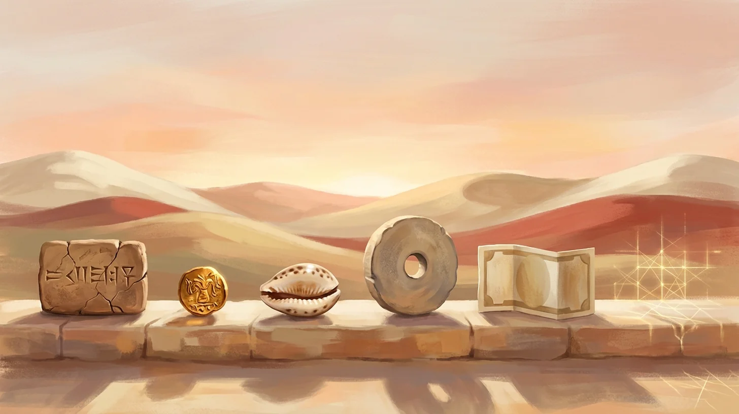 A stone ledge at dawn holding money's forms in sequence: a clay tablet, a gold coin, a cowrie shell, a carved stone disc, a banknote, and a lattice of light