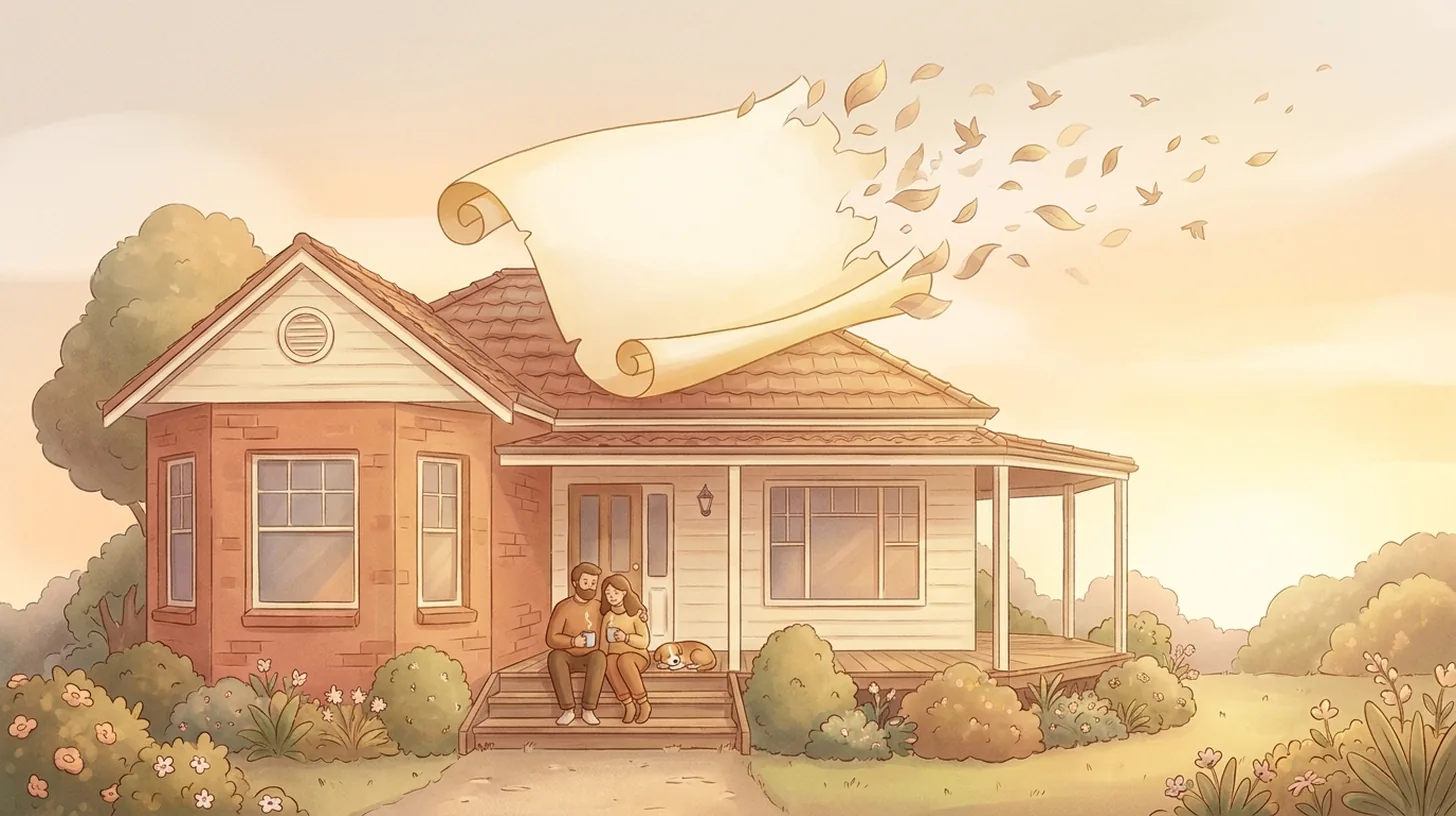 A cozy home at sunrise as a large blank document dissolves into golden leaves above the roof