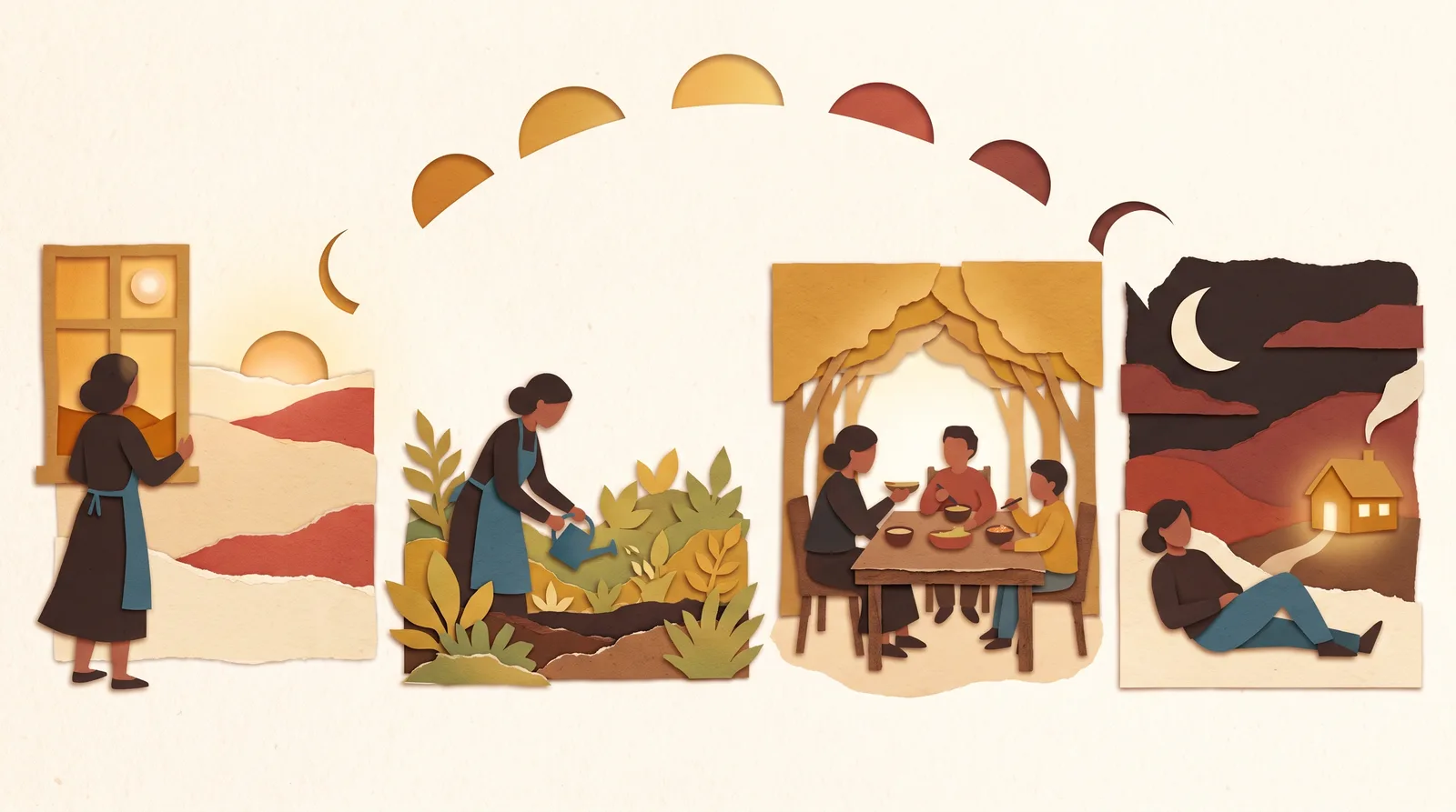 A papercut day-in-the-life from sunrise to evening