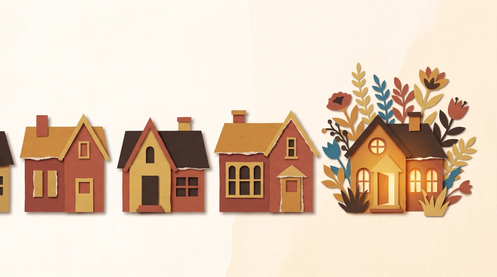 A row of papercut model houses, one flourishing