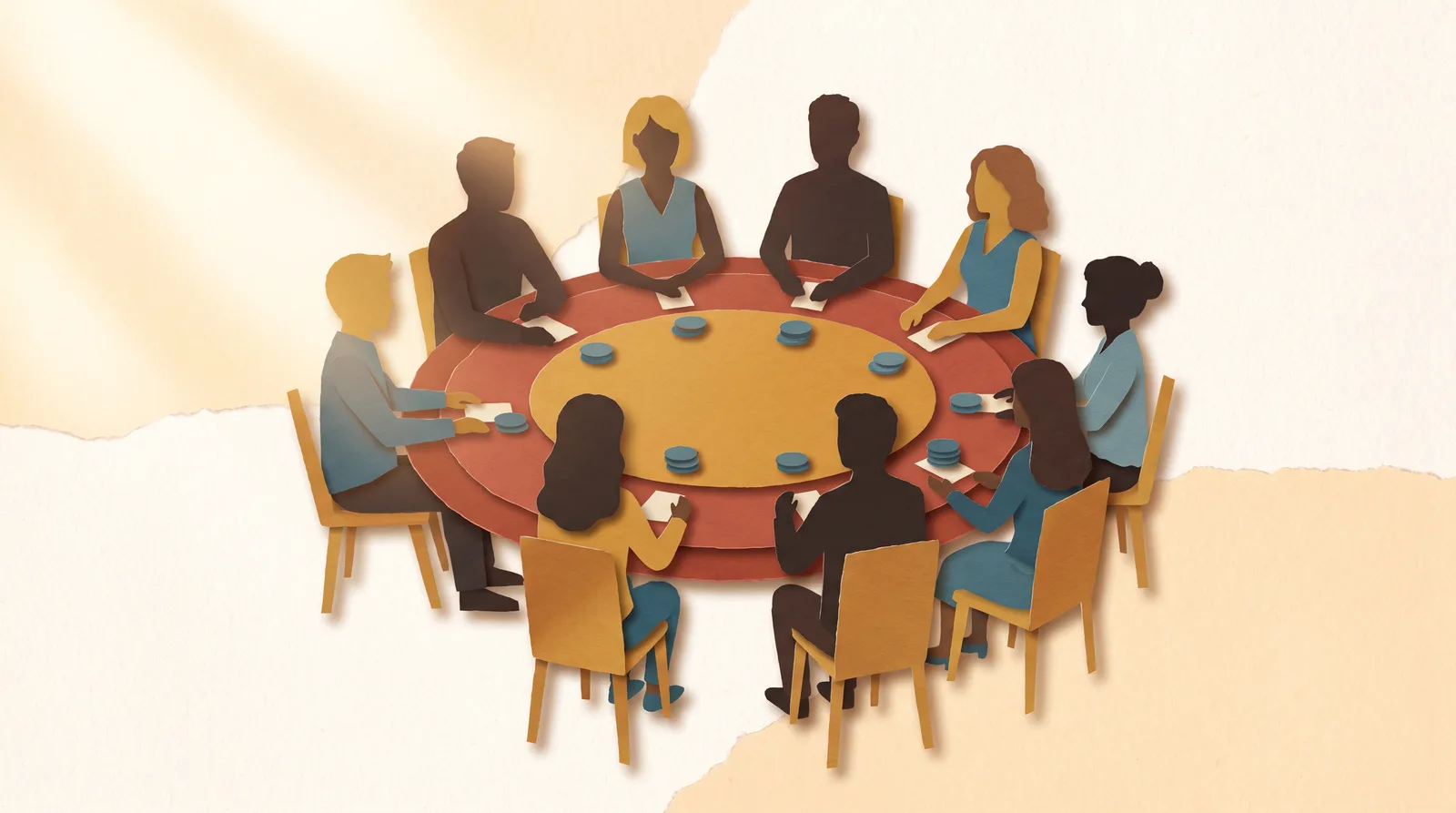 A papercut round table of people deciding together