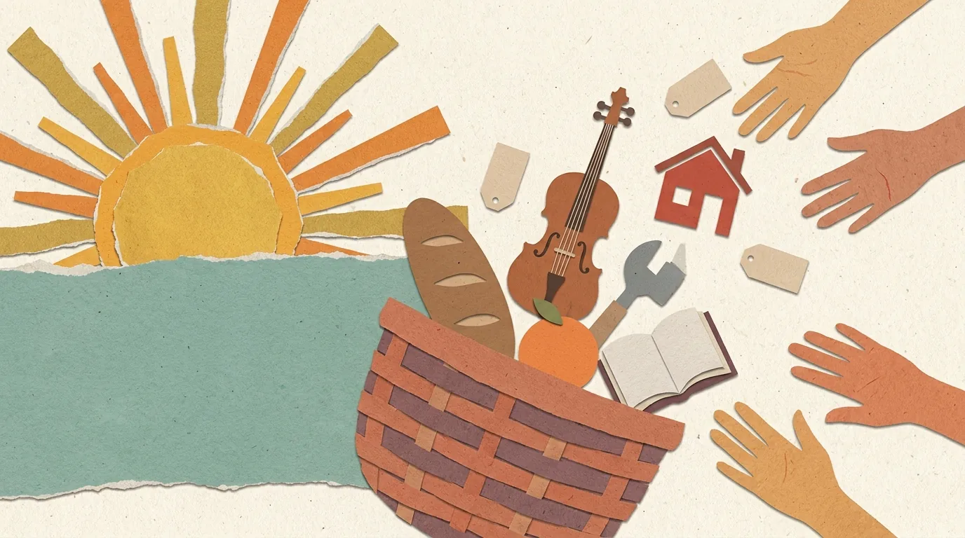 A papercut market where goods flow freely into many open hands