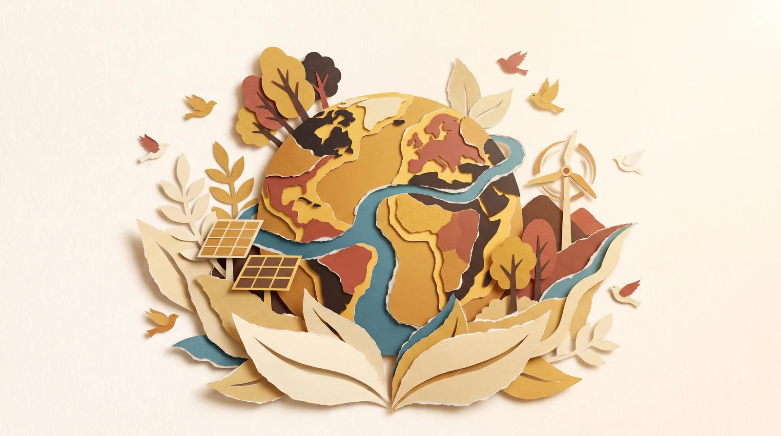 A papercut Earth cradled in gardens with solar and wind