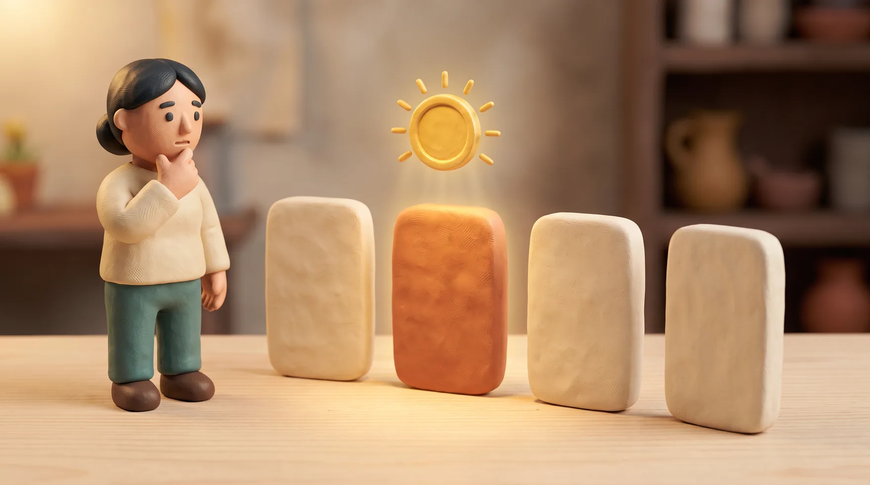 Clay figure weighing four answer tablets, one lit by a golden reward token